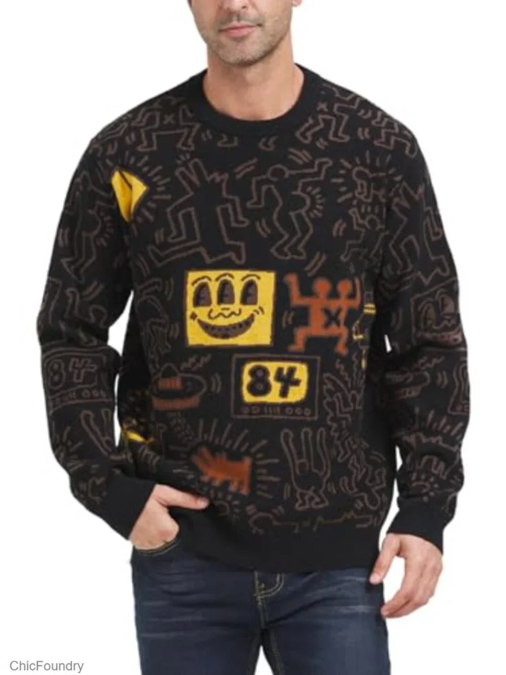 Men's Oversized Graffiti Graphic Knit Pullover Sweater Crewneck